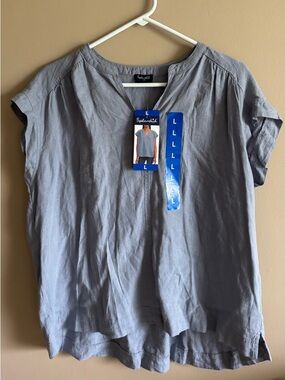 New Splendid Gray-Blue Split Neck Linen-Blend Top, Size Women’s Large